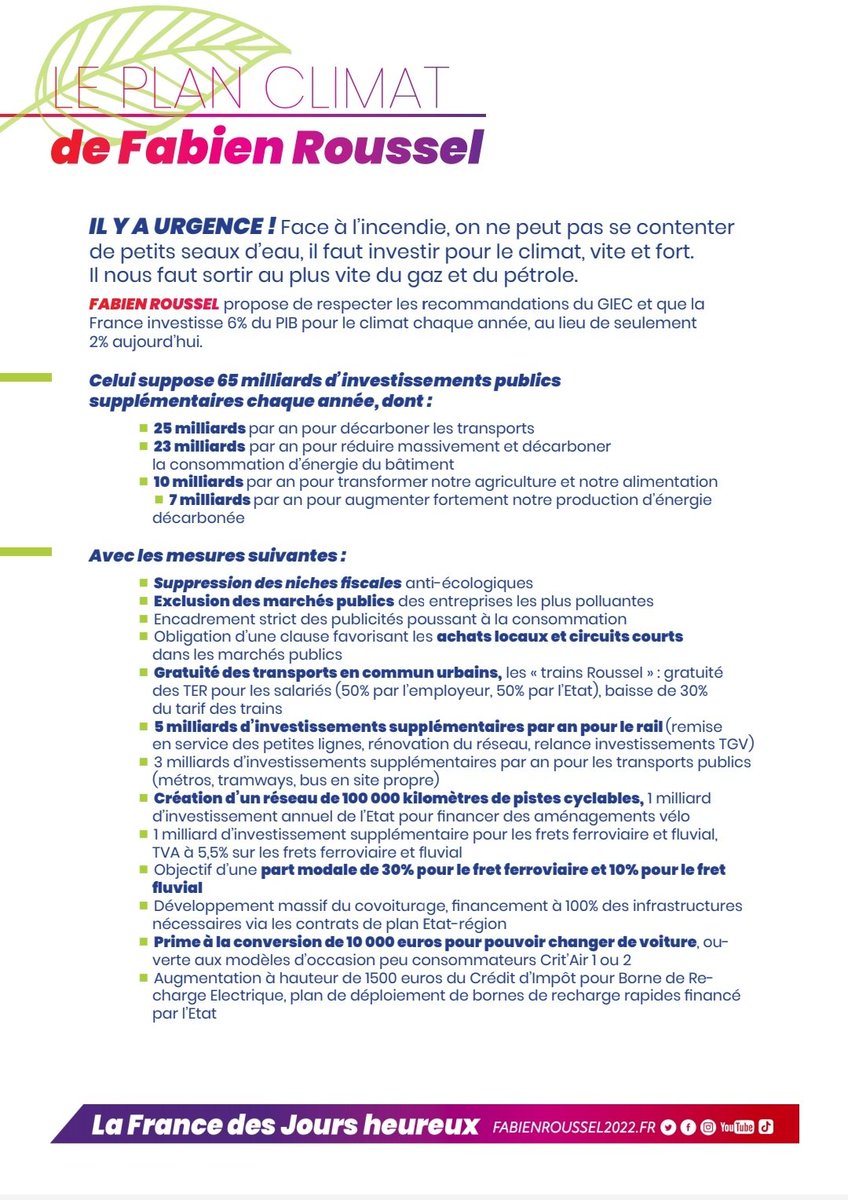 PCFMobilites's tweet photo. Le Plan Climat de @Fabien_Roussel : 65 milliards d'investissements publics supplémentaires dont 25 pour decarboner les transports :
- gratuité des transports urbains
- 5 milliards pour le rail
- prime à la conversion de 10000€
- 100000 km de pistes cyclables
- TVA 5,5% fret ⤵️ https://t.co/4PVjSefasK