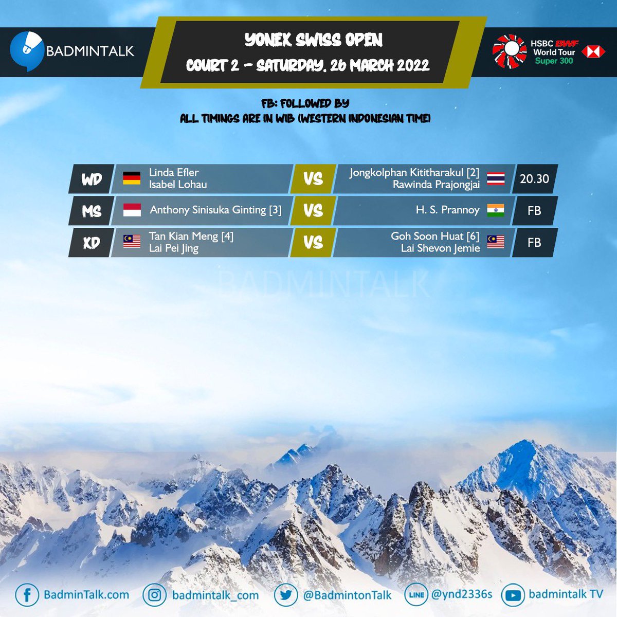 Order of Play of Swiss Open 2022 (Super-300) Day 5 - Semifinal

Saturday, 26 March 2022

NB: Waktu di Foto adalah berdasarkan WIB.

#SwissOpen2022