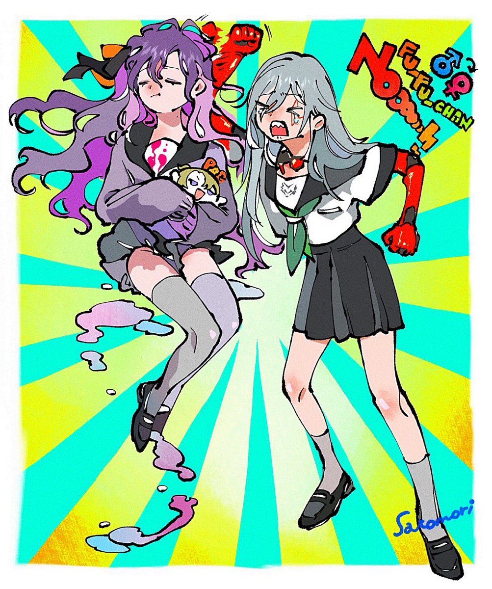 multiple girls 2girls long hair skirt thighhighs school uniform purple hair  illustration images