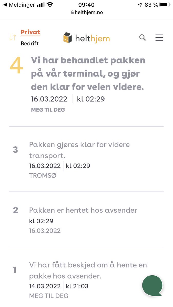 elinestien's tweet photo. Tirsdag 22. mars sendte jeg 2 pakker med @postennorge til Trondheim. Begge kom frem i går, 25. mars. Pakka fra Tromsø med #Helthjem har ikke beveget seg en millimeter på 10 dager🤷‍♀️ https://t.co/3Vif6YKJ7I