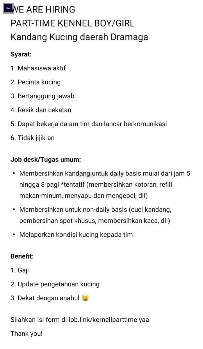 Punten ternyata banyak yg minat buat part-time jadi rada pusing ya. Beberapa udah di DM tapi banyak juga yg ga open DMnya😶 Buat yg serius langsung cek link form di pict yaa! Maksimal malam ini jam 9 ☺️ Makasii