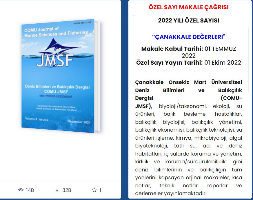 ÇOMÜ’ nün kuruluşunun 30. yılında Çanakkale Değerleri ile ilgili külliyatın oluşturulması amaçlanmaktadır. COMU-JMSF dergisi 2022 yılı özel sayının teması "ÇANAKKALE" olarak belirlenmiştir. Makalelerinizi Dergipark üzerinden (dergipark.org.tr/tr/pub/jmsf) sisteme yükleyebilirsiniz.