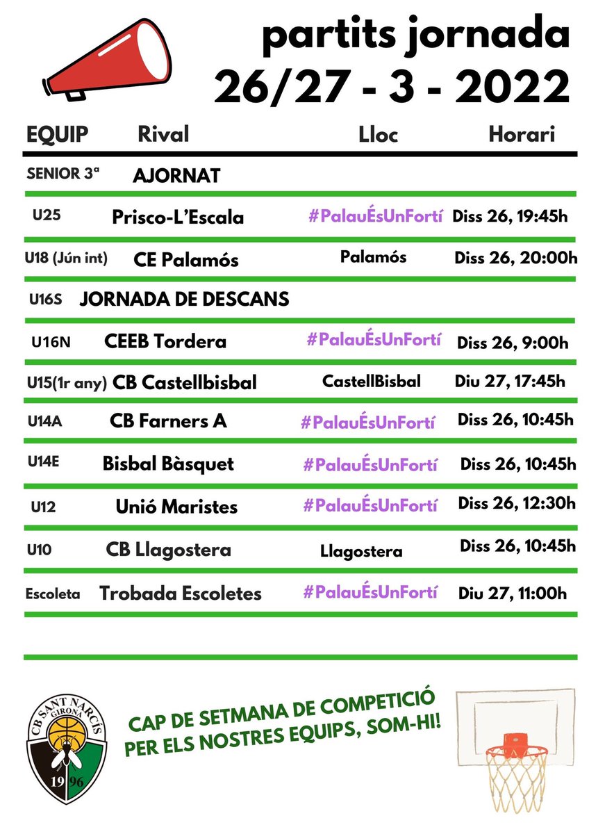 🗓Calendari de partits #CBSN d’aquest cap de setmana‼️ 

➡️ Jornada matinal a #PalauÉsUnFortí, t’hi esperem!! 

➡️ U18 Interterritorial visita Palamós, després d’una setmana sense jornada

➡️ U15 1r any, per seguir amb la bona dinàmica de joc a CastellBisbal 

#SomVerds #CBSN