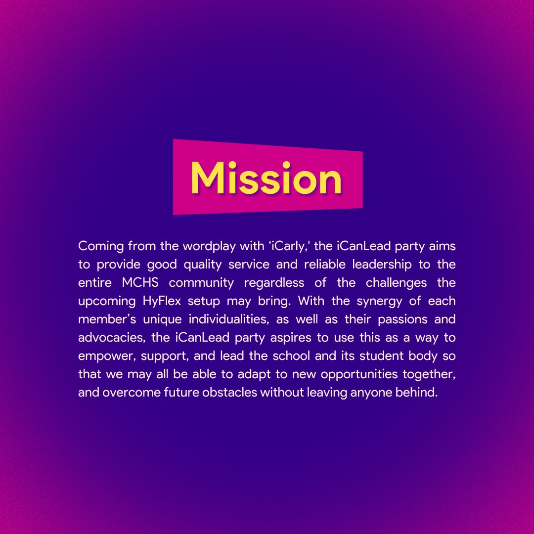 iCanLeadParty's tweet photo. I KNOW, YOU SEE— The Official Party Name: iCanLead, leave it all to us! 💥

Wanna know more about our Mission and Vision ⁉ Swipe right, and match with your new leaders, MCHS 😲☎ We got some gimmicks and grooves just for you. 😋

Pubmat by: Marielle Balasia https://t.co/bKQAiNJPuS