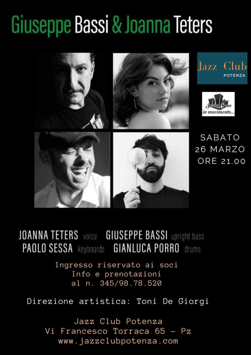 jazz_potenza's tweet photo. Secondo concerto della #rassegnajazz al #JazzclubPotenza
Giuseppe Bassi &amp; Joanna Teters 4et sabato  26 marzo ore 21,00
Ingresso riservato ai soci
#jazzClubPotenza
#GiuseppeBassi
#JoannaTeters
@TonideGiorgi
@bassijoe https://t.co/xWGqsEuFMH