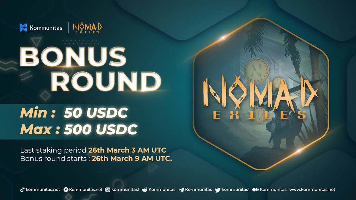 🦁🔴 <a href="/NomadExiles/">Nomad Exiles</a> IKO bonus round is LIVE on Kommunitas!

➡️ Target Raise: 100K USDC
➡️ Min Staking Requirement: 100 KOM
➡️ Min/Max Allocation: 50/500 USDC (FCFS Basis)
➡️ Participate here: launchpad.kommunitas.net/pool/PRIDE/Bon…