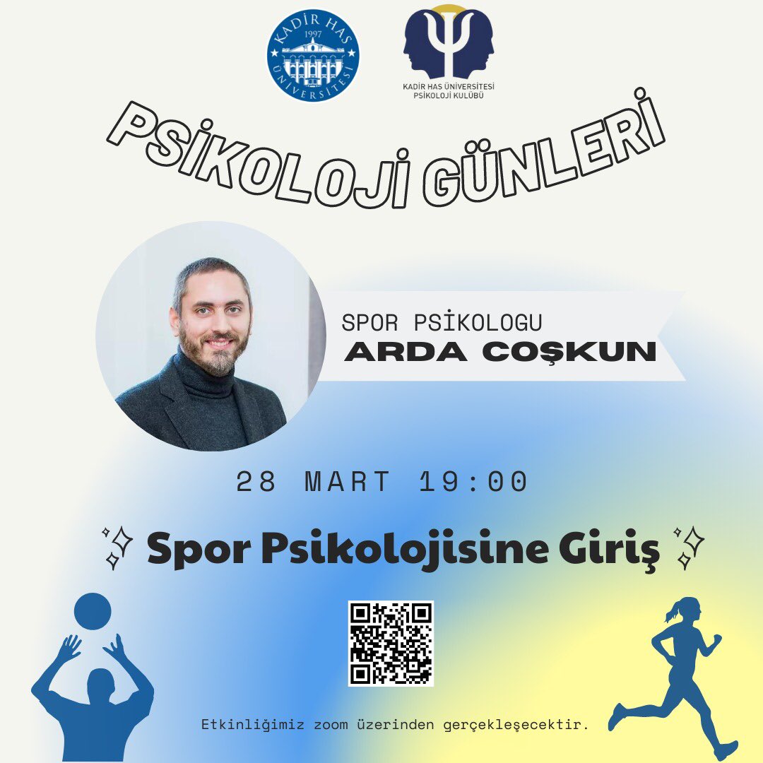Herkese merhaba! ✨

Psikolojinin alt alanlarını, alanında uzman kişilerden dinleyeceğimiz Psikoloji Günleri etkinliğimizin ilk oturumu <a href="/ardacoskun3/">Arda Coskun</a> ile Spor Psikolojisi üzerine olacak!🎊 

Katılım formu bio’da! 📝

📌Etkinliğimiz Zoom üzerinden gerçekleşecektir.
