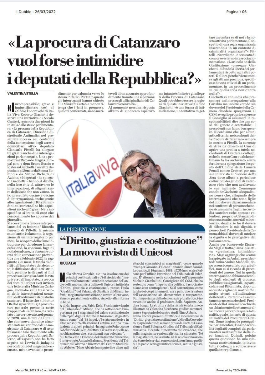 Gratteri nel ricorso contro i domiciliari a Pittelli allega le interrogazioni parlamentari di <a href="/riccardomagi/">Riccardo Magi</a> <a href="/bobogiac/">Roberto Giachetti</a> <a href="/enzabrunobossio/">Enza Bruno Bossio</a> Bonino e Richetti. Una iniziativa 'grave, intimidatoria, senza precedenti'. Intervengano il Csm e la Cartabia chiedono i parlamentari.