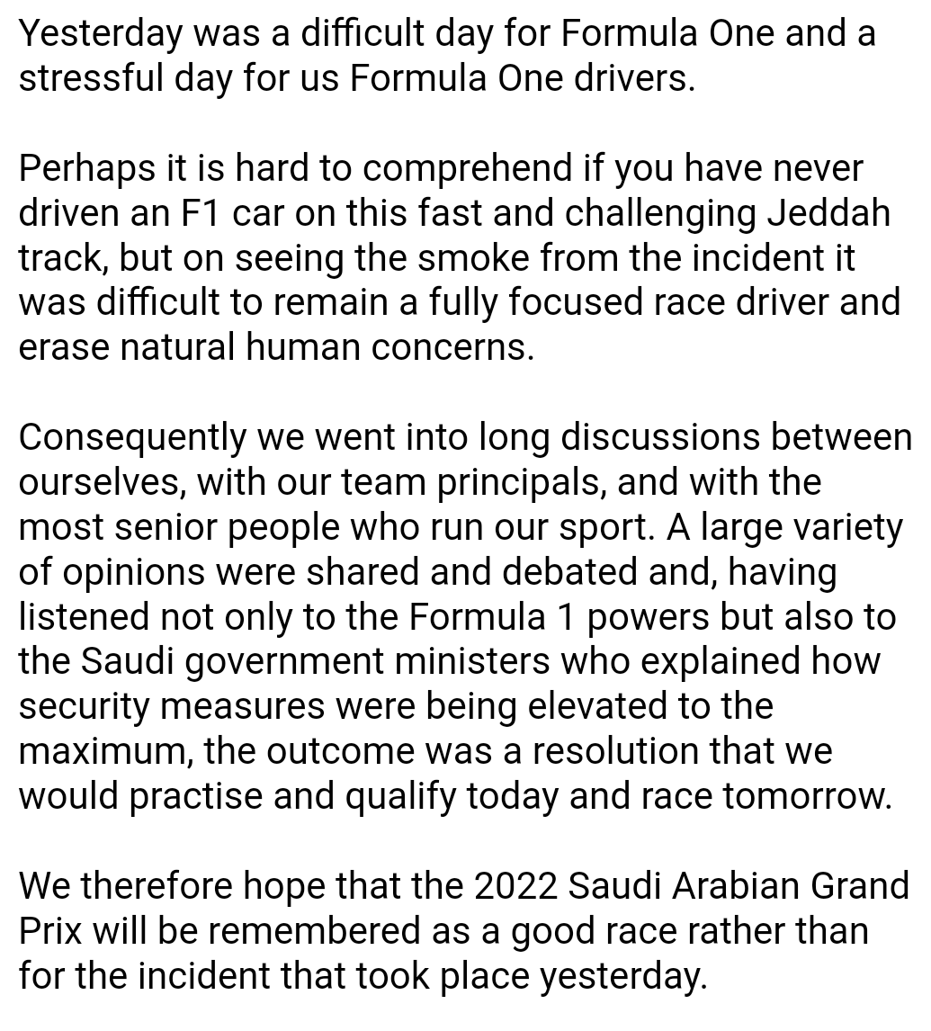 Full GPDA Statement F1 jeddah drivers