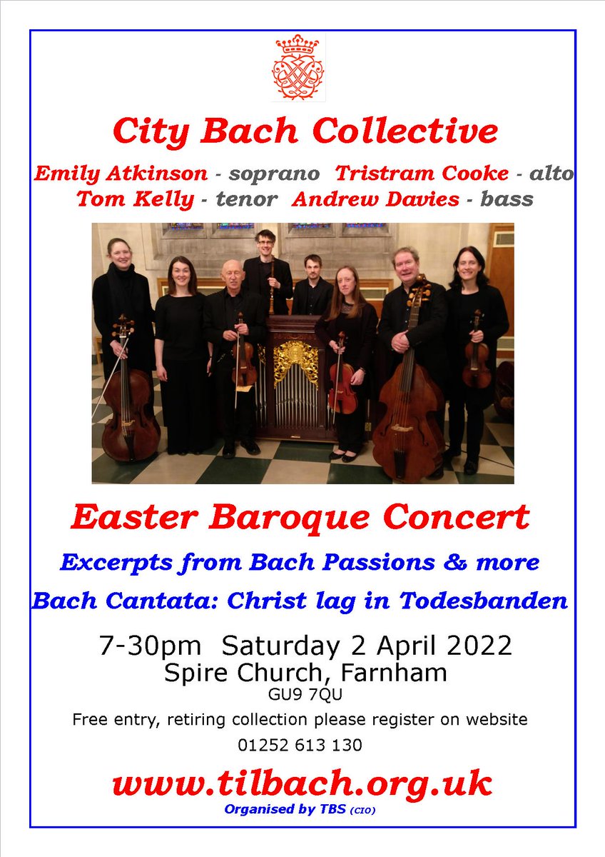 TBS_Concerts's tweet photo. @City_Bach play Easter Baroque Concert 2 April in Farnham: Cantata 4 &amp; excerpts from Bach Passions and other pieces, full programme on https://t.co/3al8ScmAC0 - Retiring collection, all welcome https://t.co/ITXVO4hSqo