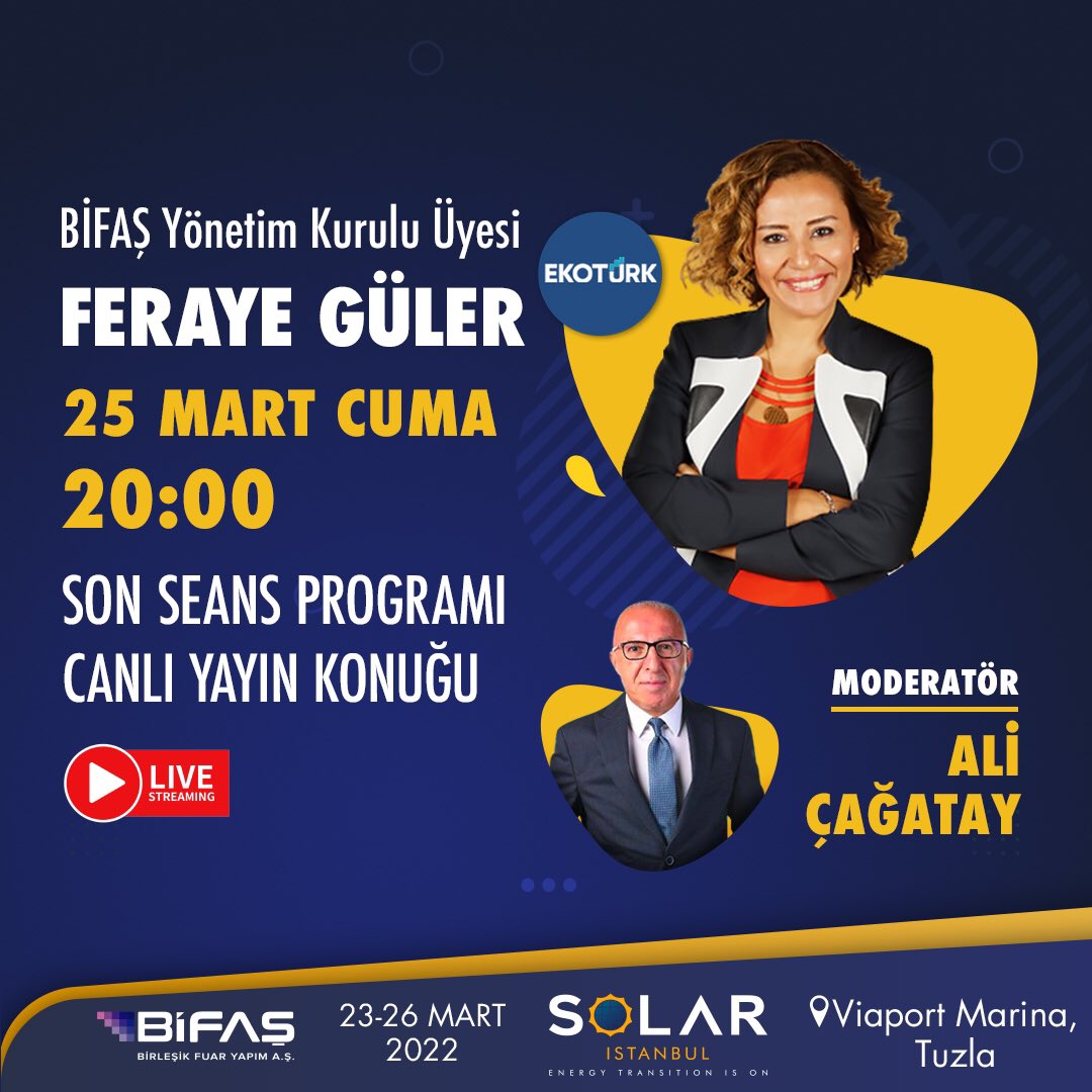 bifasfuar's tweet image. BİFAŞ Yönetim Kurulu Üyesi Feraye Gürel 23-26 Mart tarihlerinde düzenlenen Solar İstanbul Fuarı son durumu EkotürkTV’de Ali Çağatay’a anlattı.

lnkd.in/dmFyZVk8

#solarfuarı #solaristanbul #solaristanbulfuarı