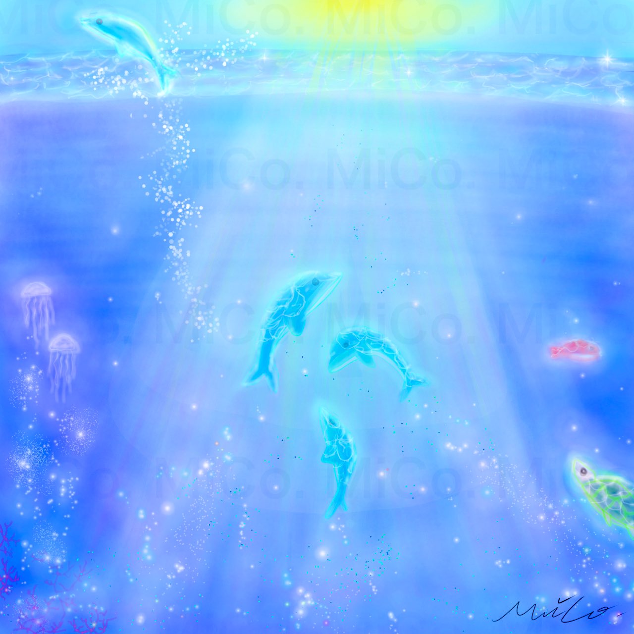 ᘏ ᕱ M I C O ໒ 毎日配信0日目達成ありがとう ঌ ໒ イラスト100日毎日投稿チャレンジ 96日目 ㅇlight Blue 今日もらったテーマはラッセンみたいなの描いてと ラッセンは無理だけど私なりの イメージで海と海洋生物を 残り4日 海