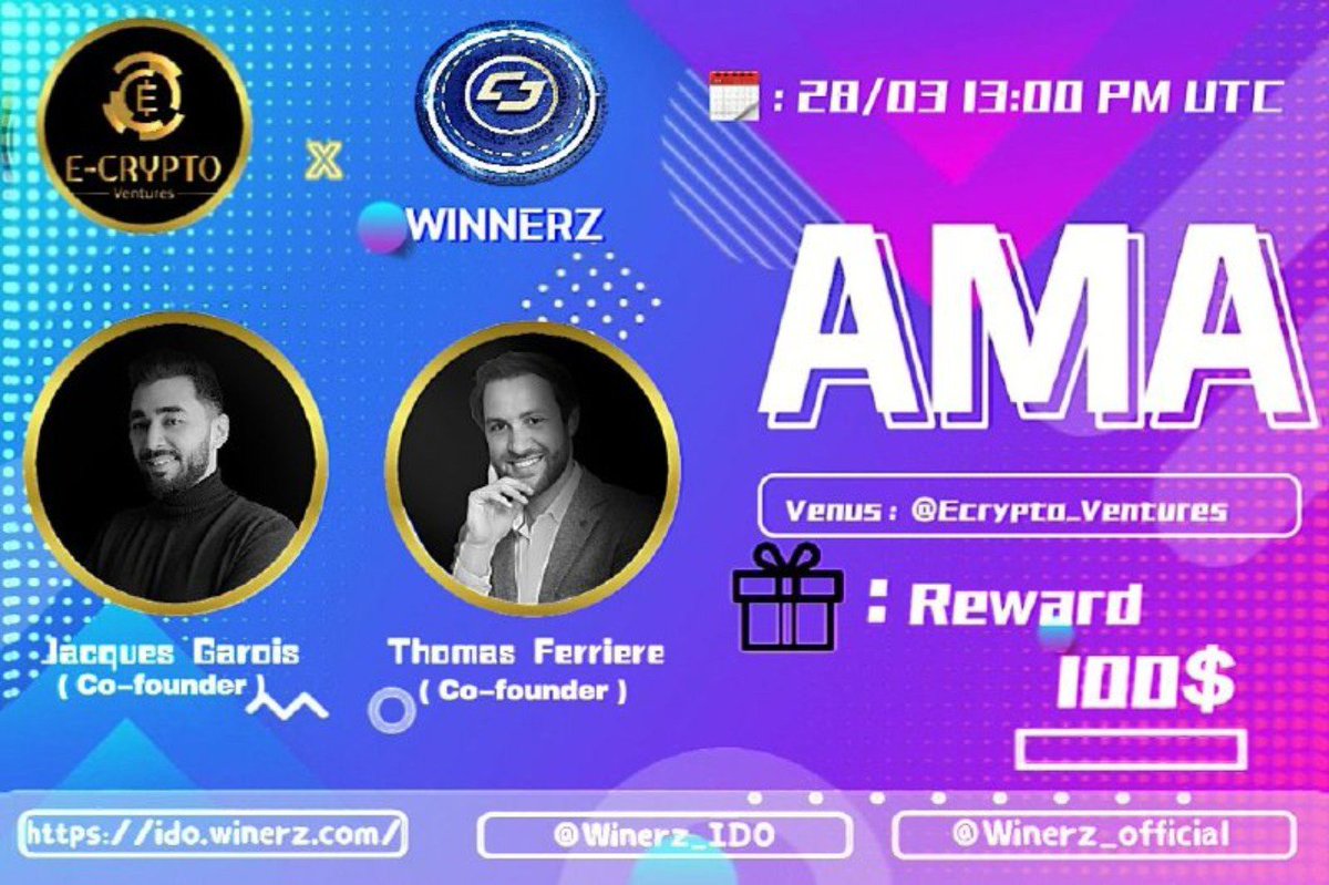 We announce about AMA with 
<a href="/Winerz_official/">Winerz</a> 

Prize: 100 USDT
Date: March 28, 2022
Time:  13:00 PM UTC --&gt; 08:00 PM + 7 Viet Nam
Venue: t.me/Ecrypto_Ventur…
Rules:
1. Follow 
<a href="/EcryptoVn_VT/">Ecrypto_ventures</a>
 
&amp; 
<a href="/Winerz_official/">Winerz</a> 

 2. Like Retweet &amp; Comment Your Questions - Tag 3 friends.