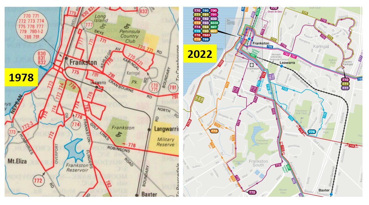 MelbOnTransit's tweet photo. And the network's hardly changed either. Whether it's Frankston South or Karingal the confusing loop route structure of 1978 is still there in 2022. Variations on Saturday too. #springst @paul4frankston @BenCarrollMP https://t.co/lMOgxWvg52