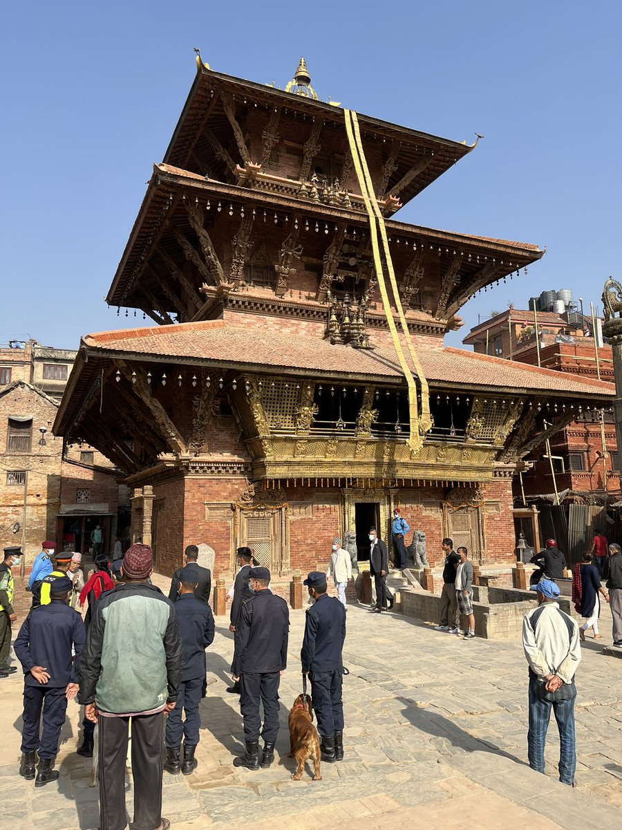 KanakManiDixit's tweet photo. Patan’s Bhimsen Temple, weakened by 2015 quake, has been restored and consecrated today. The larger Bhaidega (Shiva/Vishwnath) temple nearby fell during 1934 mega quake. It’s reconstruction, started 5 years ago, is going slow due to high costs and low funds. https://t.co/EW1xHGSNzz