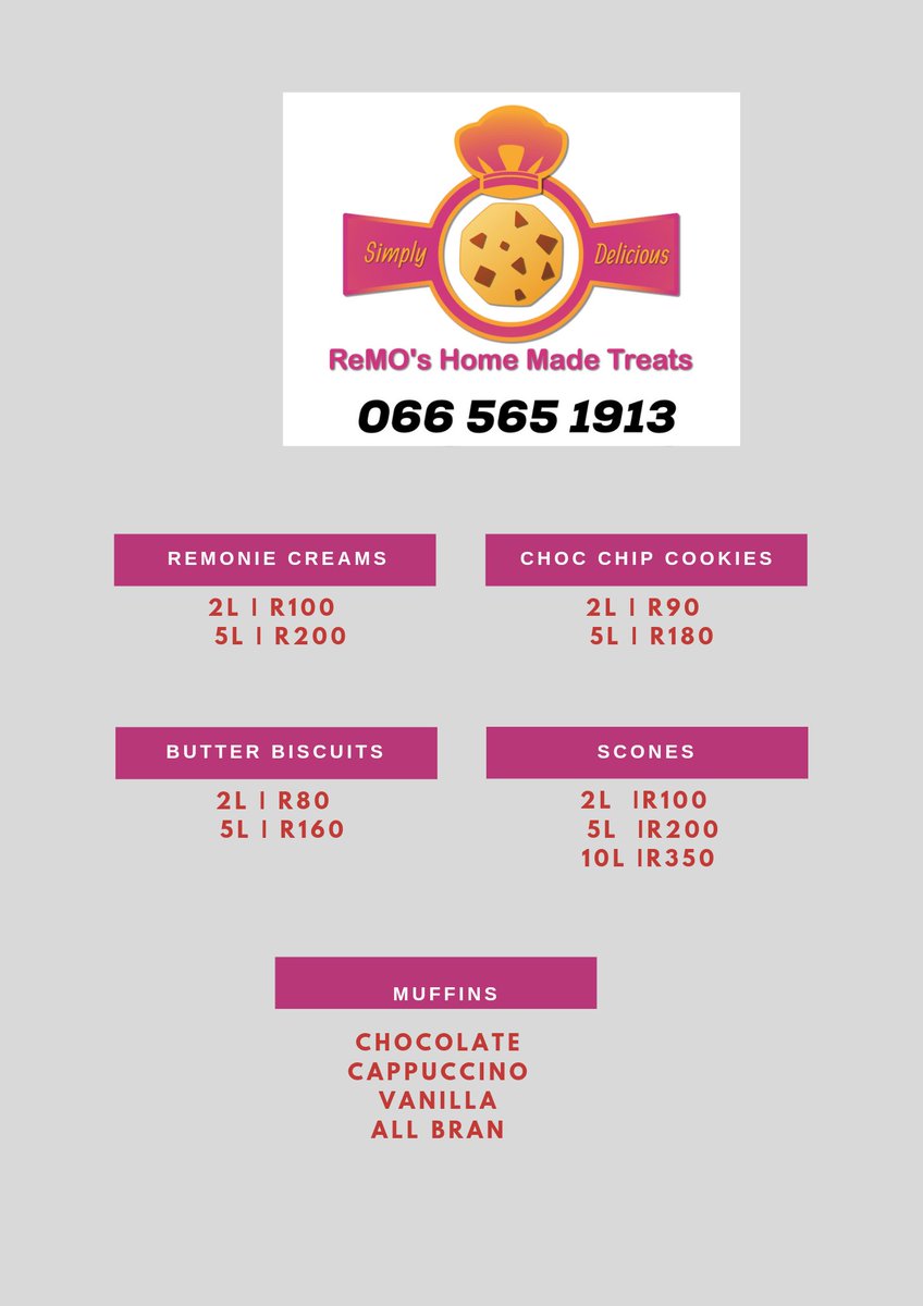 ReMoGP's tweet photo. We had a successful first week with our #breakfastpacks in #Randburg
We have quiet a variety of offerings from our Menu
#RemoTreats is a #homebased #bakery
#smallbusinessowner
#baking
#SCONES
#MUFFINS
#chochipscookies
#romanycreamsbiscuits
#butterbiscuits
#BISCUITS
#BUNS https://t.co/zkO08UcoEO