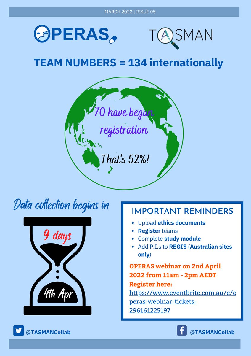📢 Only 9 days until data collection😱

We've compiled a list of important tasks to complete before 𝟒𝐭𝐡 𝐀𝐩𝐫𝐢𝐥 ⏳📋

Don't forget to attend our OPERAS launch webinar on 2nd April 2022 from 10am - 2pm AEDT! 

👉Register now on Eventbrite: eventbrite.com.au/.../operas-web…...