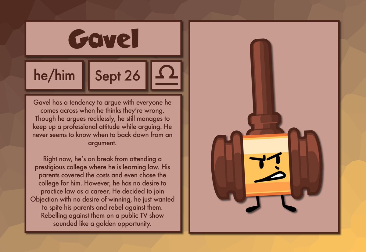ObjectionShow's tweet photo. Introducing the next Objection character, Gavel! #objectionshow 
#bfb #tpot #objectshows https://t.co/ovZGBnPv58
