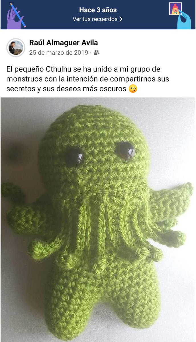 Hace 3 años que el pequeño Cthulhu se unió a mi grupo de monstruos 😊😈
#CDMX #CulturaLiteraria #Cthulhu #PequeñoCthulhu #Recuerdo #Monstruo #MuñecoTejido