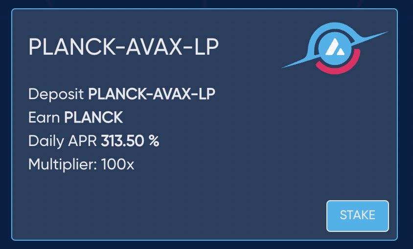 Currently 313% Daily APR in the PLANCK-AVAX LP!!!!

#tombfork $ftm $tomb $avax