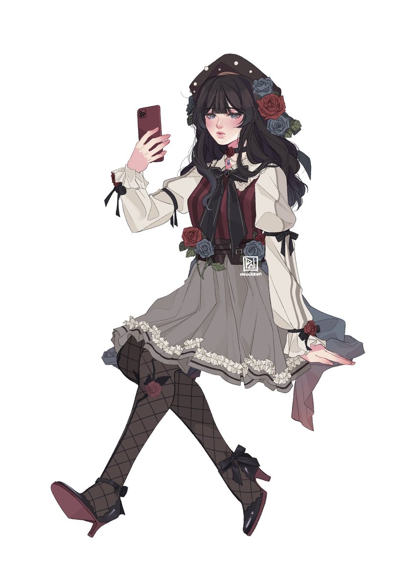 1girl solo phone flower black hair high heels white background  illustration images