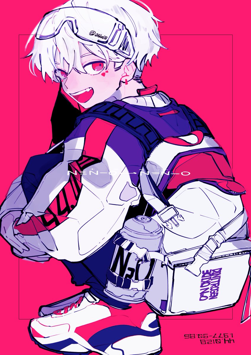 1boy male focus white hair solo red eyes goggles jacket  illustration images