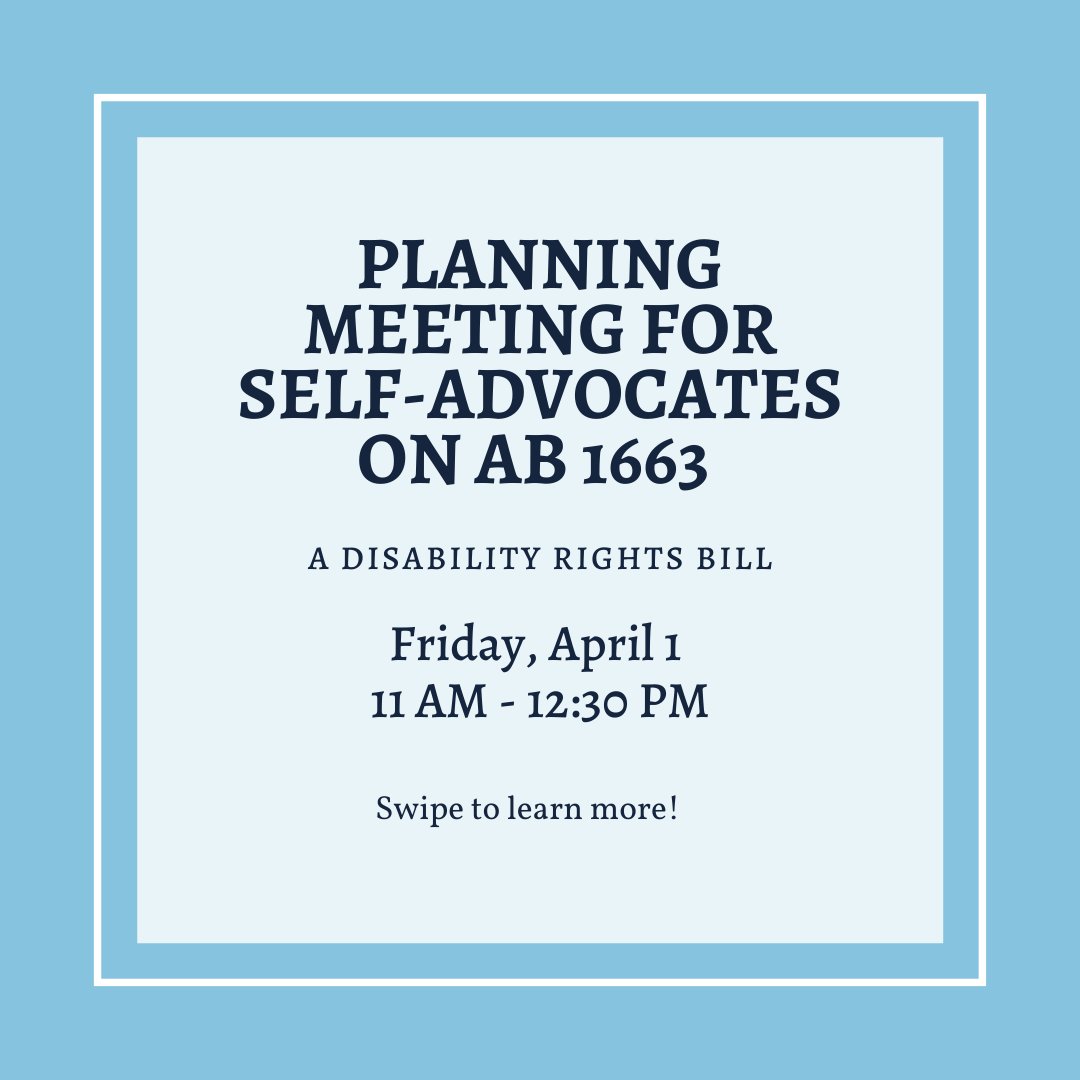 DisabilityVU's tweet image. If you&apos;re a self-advocate with a disability interested in #conservatorshipreform &amp;amp; #supporteddecisionmaking, we hope you&apos;ll join us Friday, April 1, 11 AM - 12:30 PM! We need your help to get the word out about #AB1663. Register in advance here: tinyurl.com/ab1663