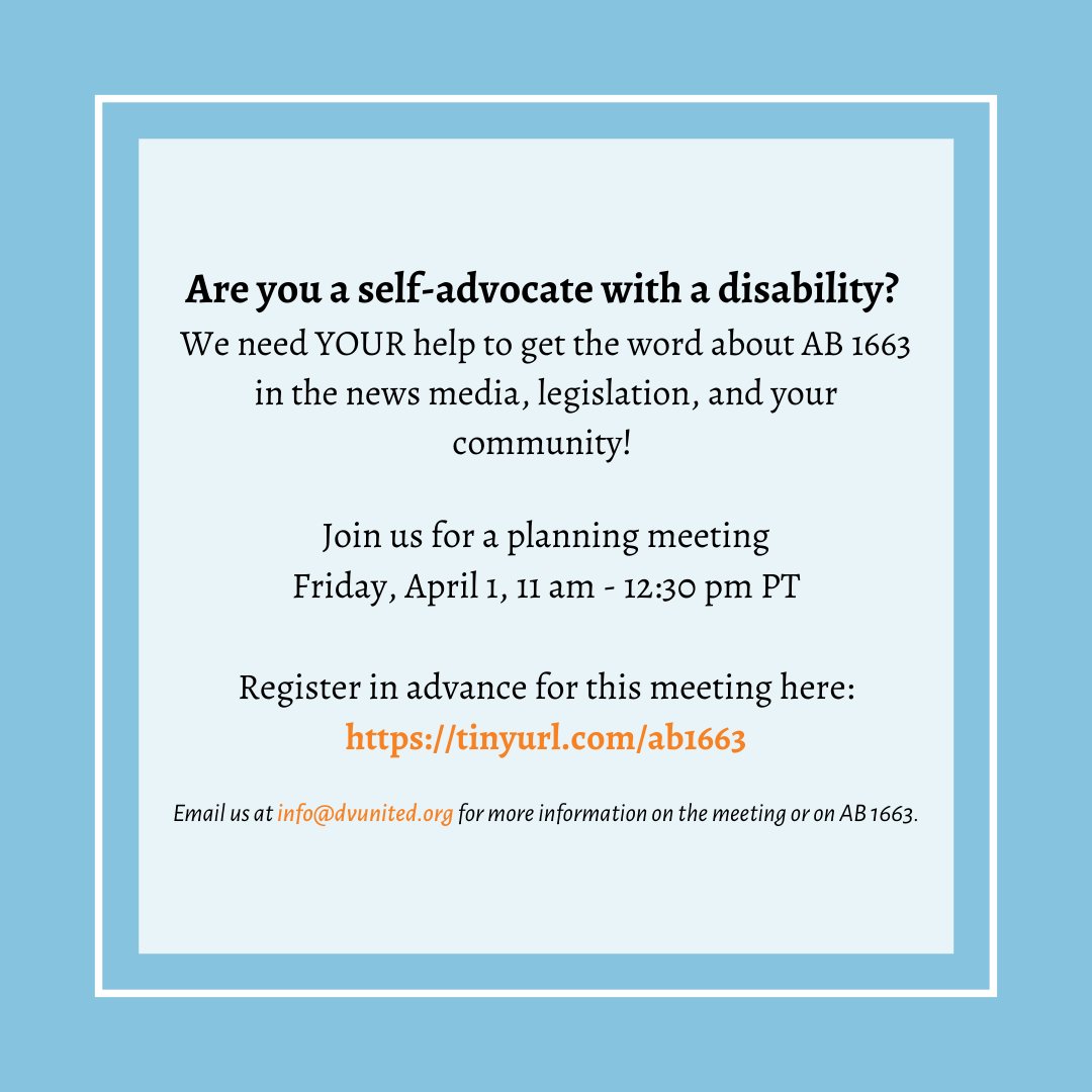 DisabilityVU's tweet image. If you&apos;re a self-advocate with a disability interested in #conservatorshipreform &amp;amp; #supporteddecisionmaking, we hope you&apos;ll join us Friday, April 1, 11 AM - 12:30 PM! We need your help to get the word out about #AB1663. Register in advance here: tinyurl.com/ab1663