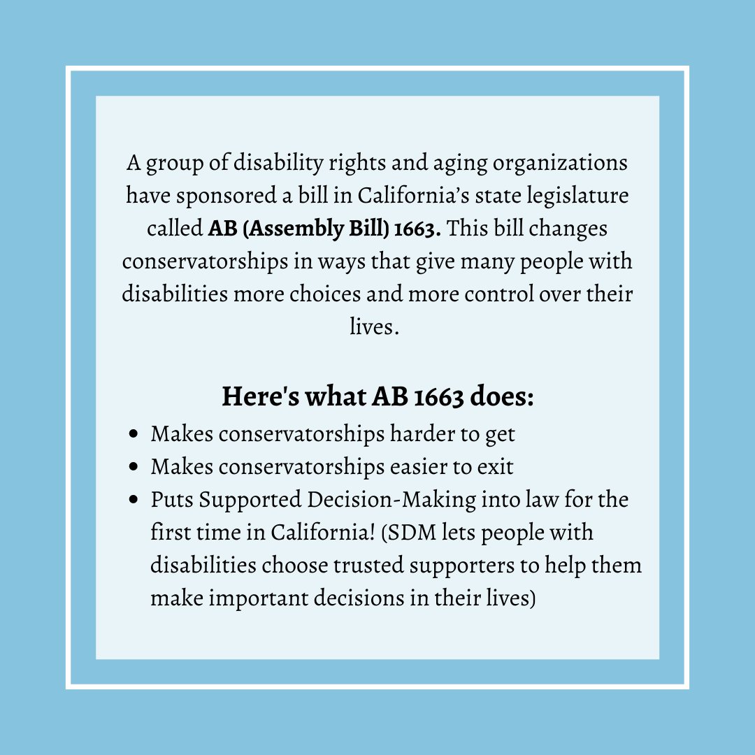 DisabilityVU's tweet image. If you&apos;re a self-advocate with a disability interested in #conservatorshipreform &amp;amp; #supporteddecisionmaking, we hope you&apos;ll join us Friday, April 1, 11 AM - 12:30 PM! We need your help to get the word out about #AB1663. Register in advance here: tinyurl.com/ab1663