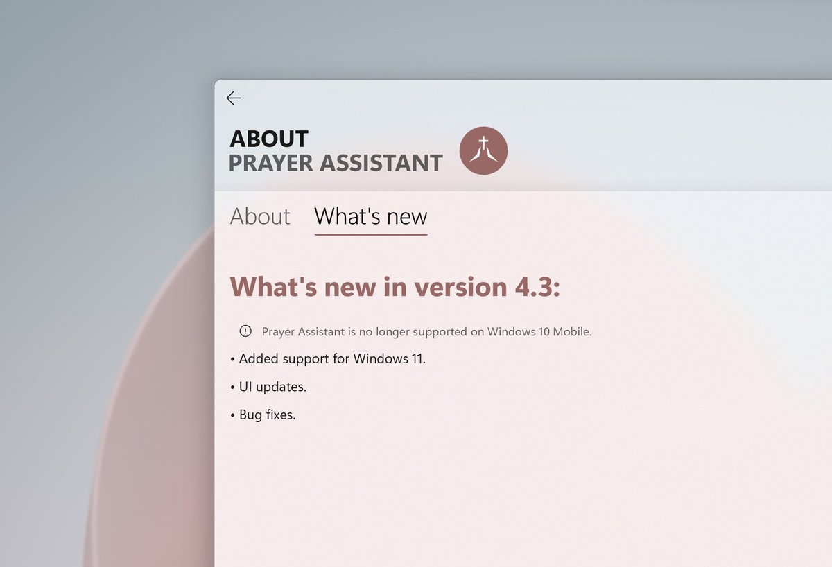 BetterPrayApp's tweet photo. Prayer Assistant is now rolling out with UI updates to support Windows 11! ✨ Get the app now: https://t.co/vqEJcOLsP8 https://t.co/kzJxEcAN1c