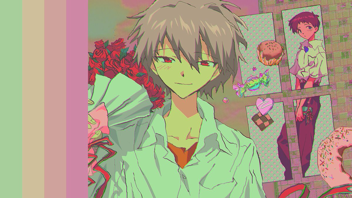 ikari shinji ,nagisa kaworu flower male focus bouquet food red eyes 2boys smile  illustration images
