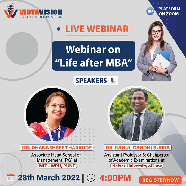 vidyavision_com's tweet photo. Dear #Degree Final Year Students... Please Register & attend this Webinar.
https://t.co/AEfYEUw5zZ presents a free #webinar on "Life After MBA". Webinar Date: March 28, 2022 @ 4 PM.
Register Now: https://t.co/br7iiWVTzO
#LifeAfterMBA #webinar #NALSARUniversity #MITWPU_Pune https://t.co/14Xhj7Z6zl