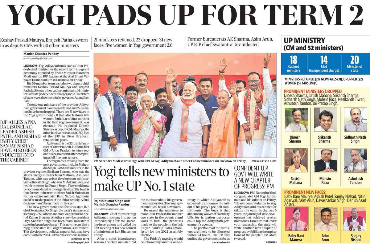 In Yogi cabinet 2.0, 21 ministers retained, 22 dropped, 31 new faces and 5 women hindustantimes.com/india-news/in-…
via 
<a href="/MCPjourno/">Manish Chandra Pandey</a>
 Photo by Deepak Gupta/Hindustan Times 
<a href="/deepakguptaoff2/">deepakguptaofficial</a> <a href="/CMOfficeUP/">CM Office, GoUP</a> <a href="/kpmaurya1/">Keshav Prasad Maurya</a> <a href="/myogiadityanath/">Yogi Adityanath</a> <a href="/myogioffice/">Yogi Adityanath Office</a>