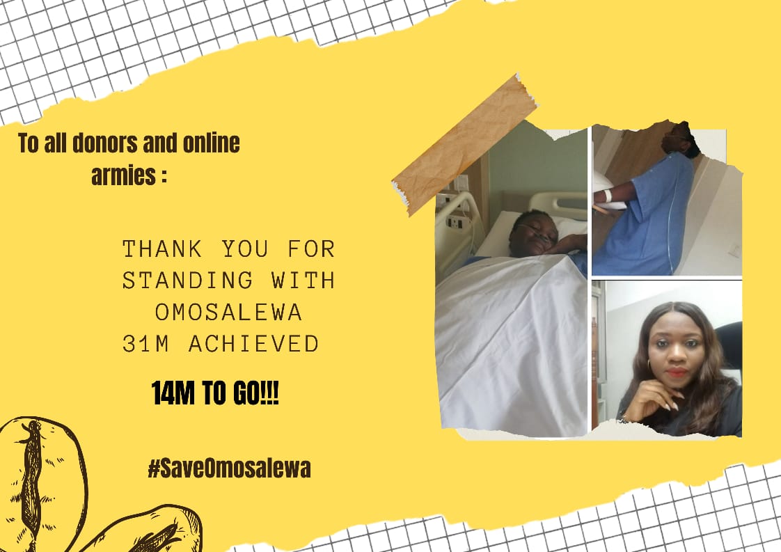 PharmacistJulie's tweet photo. Humanity is winning. Your kindness is saving a life. Thank you so much for your donations. #SaveOmosalewa . Every donation counts!
Acct Name : Akinwunmi Omosalewa
Accnt Number : 0012714084 (GTB) Naira.
Dollar Account : 0010071170 (Eco Bank)
GoFundMe https://t.co/cvgbzL9a75 https://t.co/WcIr9M5JTv