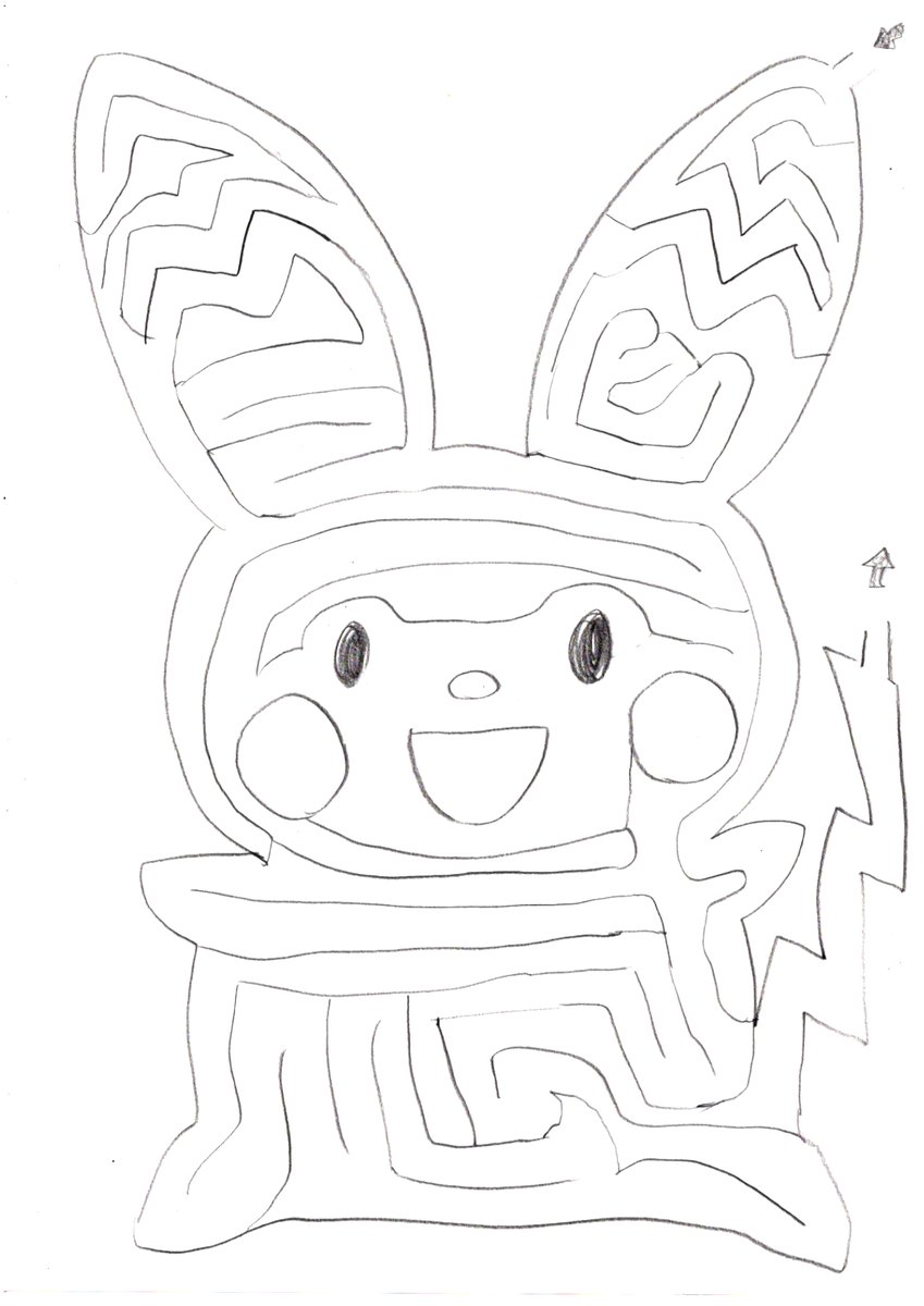 ポケモンと迷路が好きな子供に描いた
ピカチュウっぽい迷路。
花とか口が違うから微妙に似ないのだわ。 