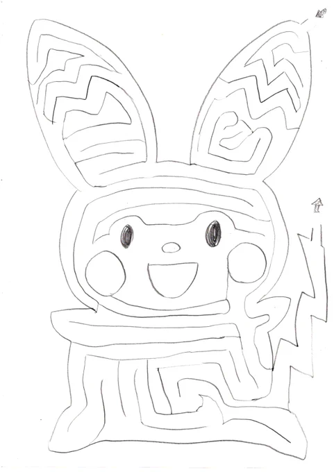 ポケモンと迷路が好きな子供に描いた
ピカチュウっぽい迷路。
花とか口が違うから微妙に似ないのだわ。 