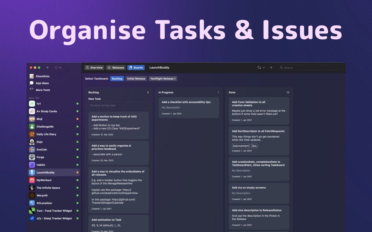 FloWritesCode's tweet image. 🚀 Stay focused while working on multiple projects, plan out your releases and schedules tasks with LaunchBuddy. 

🆓 Get it for free: apple.co/3iFcjjW

LaunchBuddy is out now! Retweets &amp;amp; Reviews are highly appreciated. ❤️