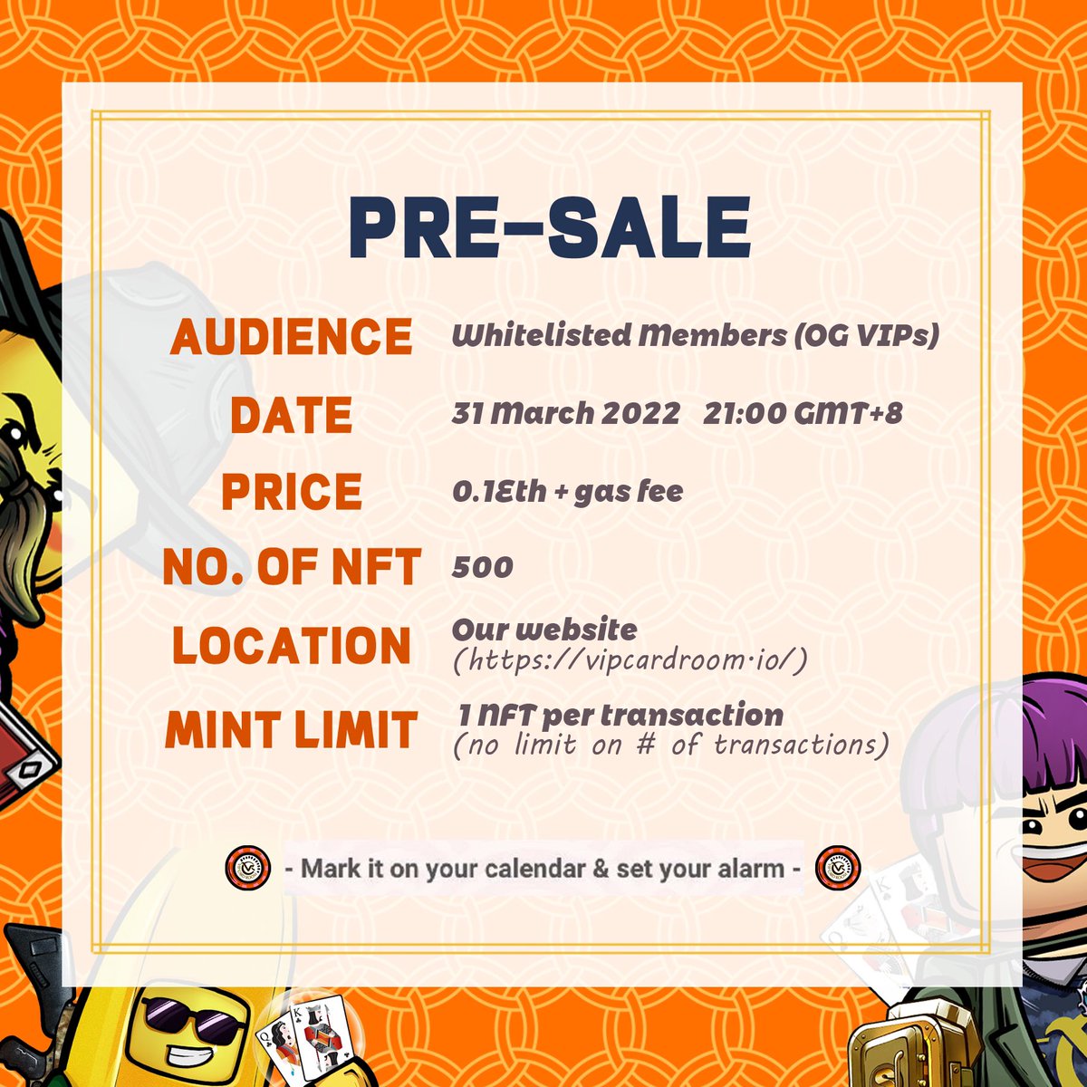 vipcardroom's tweet photo. 6โฃdays until the pre-sale๐
๐ฅMint for OG VIP of community on March 31. Head over to discord to grab your spot. ๐https://t.co/b6GQ5bkm1g
#PreSale #OGonly #NFTs #OpenSEA #VIPCardRoom https://t.co/0tTmX3Wfvm