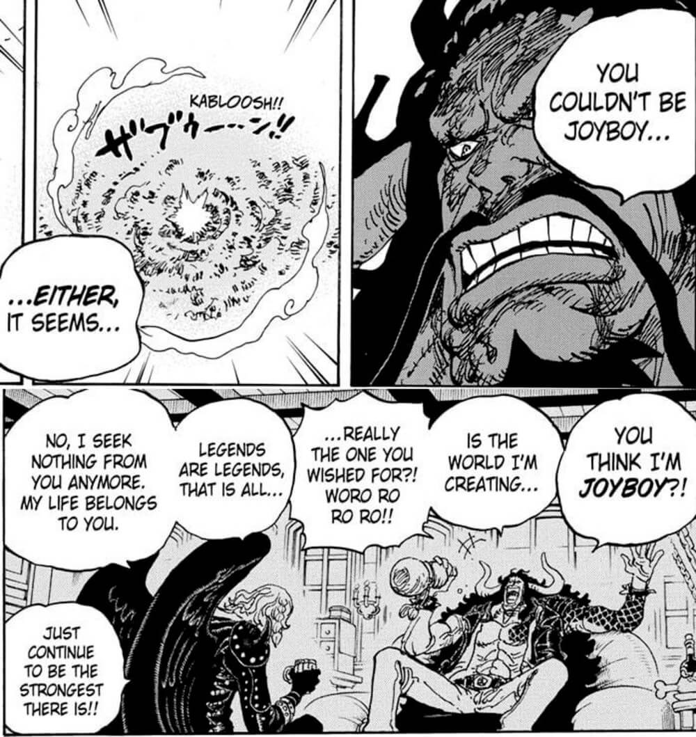 mugisamaoff's tweet photo. @Kuroashiii_ Je pense plus qu’il est surpris plutôt qu’il est peur. Je pense que kaido chercher à mourir pour voir si il était joyboy car se pouvoir se réveillerai à l’approche de la mort. 
Kaido fait plusieurs référence à joyboy et à la mort : La mort est l'aboutissement des Hommes!! https://t.co/kXSUzY6XRL
