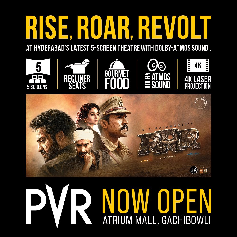 RISE ROAR REVOLT at Hyderabad's Brand New 5 Screen PVR at Atrium Mall, Gachibowli.

<a href="/tarak9999/">Jr NTR</a> <a href="/AlwaysRamCharan/">Ram Charan</a> <a href="/ssrajamouli/">rajamouli ss</a> <a href="/aliaa08/">Alia Bhatt</a> <a href="/ajaydevgn/">Ajay Devgn</a> #PVR #BackAtPVR #PVRRR #PVRAtrium #PVRgachibowli