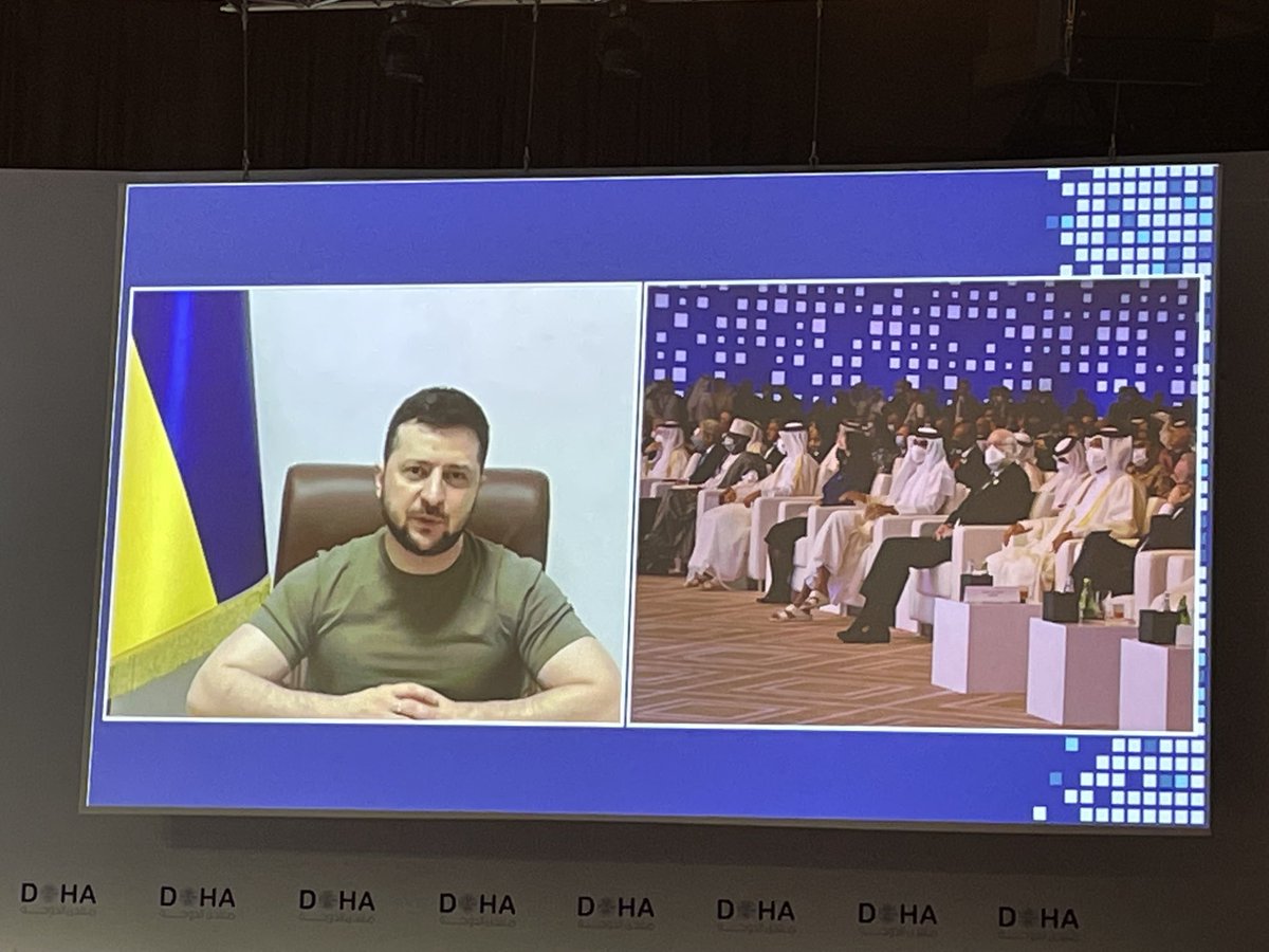 President Zelensky addresses Doha Forum and tells world leaders Ukraine needs more urgent support and calls for restraints on nuclear weapons