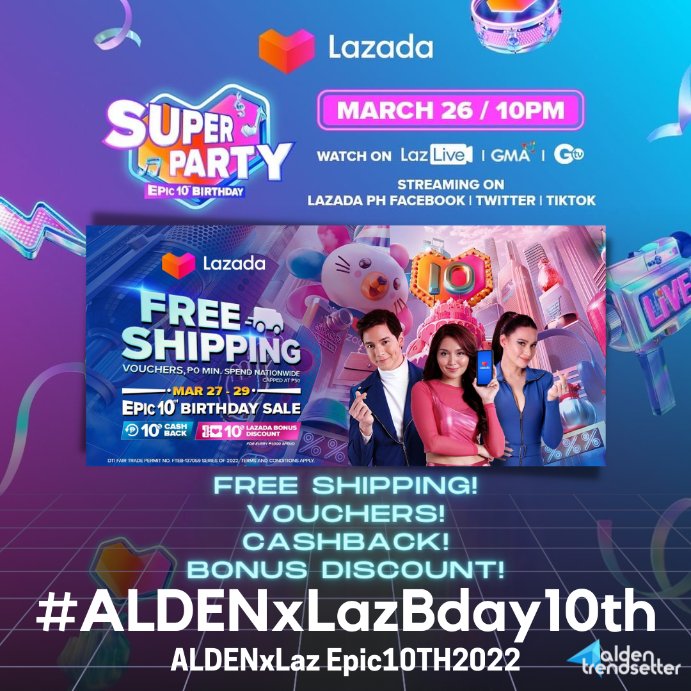 Just a few more hours and we will get to celebrate <a href="/lazadaph/">Lazada Philippines</a>'s EPIC birthday celebration!

See you later at 10PM, ATeam!

<a href="/aldenrichards02/">Alden Richards</a>    
#ALDENxLazBday10th
#LazTurns10
ALDENxLaz Epic10TH2022