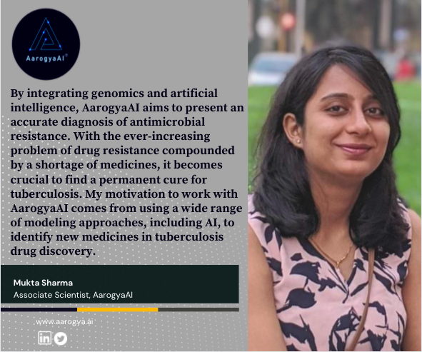 AarogyaAi's tweet photo. Mukta Sharma, Ph.D. brings a trove of insights and experience to the team at @AarogyaAI. Her desire to employ new approaches in drug discovery for tuberculosis bolsters our mission. Go Mukta!!💪
#stoptb #endtb #worldtbday2022 #investtoendtb #employeeappreciation https://t.co/1BYr2XOEYC