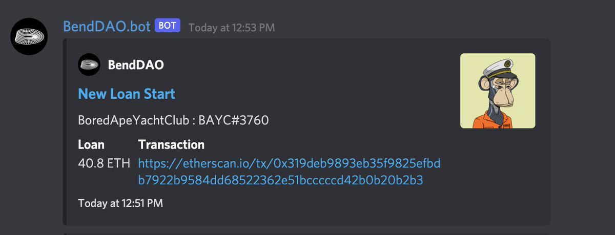 BendDAO's tweet photo. New Instant NFT-backed Loan π§
The Borrower
β
Gets 40.8 ETH liquidity
β
Received boundNFT BAYC #3760
Check out #boundNFT on OpenSea
https://t.co/NpYXoxaSj0
#NFT #DeFi #NFTLiquidity #Bend https://t.co/R51me6MwdC
