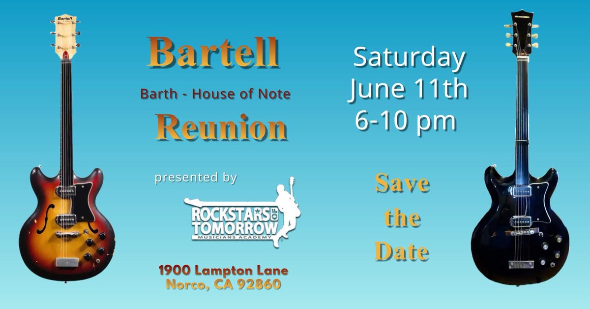 FindingFretless's tweet photo. 🥁 Drum roll….. 📣 ANNOUNCEMENT 📣 ***For friends in California *** Very pleased to finally confirm the date and location for the BARTELL/BARTH/HOUSE OF NOTE reunion. Save the date!!!
***Ticketing information*** to be released soon.
#RiversideCA #solcal https://t.co/zfPuP3mQNz
