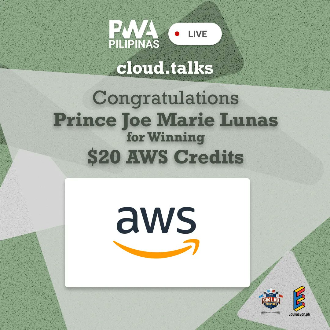 PWAPilipinas's tweet image. Congratulations Prince Joe Marie for winning $20 AWS Credits!

#PWAPilipinas
#CloudTalks