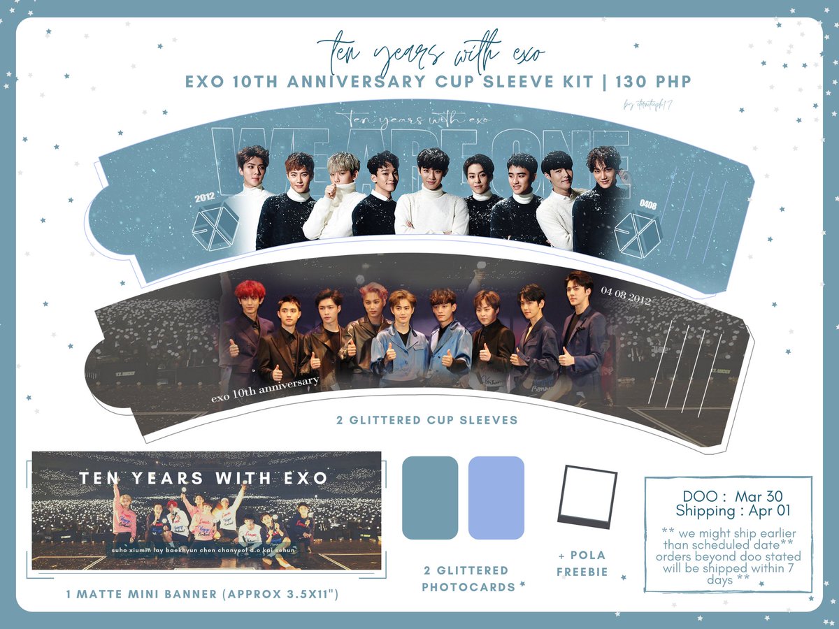 eterniteeph17's tweet photo. #ecphGO🐨

#EXO 10TH ANNIVERSARY CUPSLEEVE FANKIT ✨

130 PHP only
- 2 Glittered Cup Sleeves
- 1 mini banner (approx 3.5x11")
- 2 Glittered Photocards (random photos)

DOO: 03/30
TARGET SHIPPING DATE: 04/01 https://t.co/1hXItFm9IC