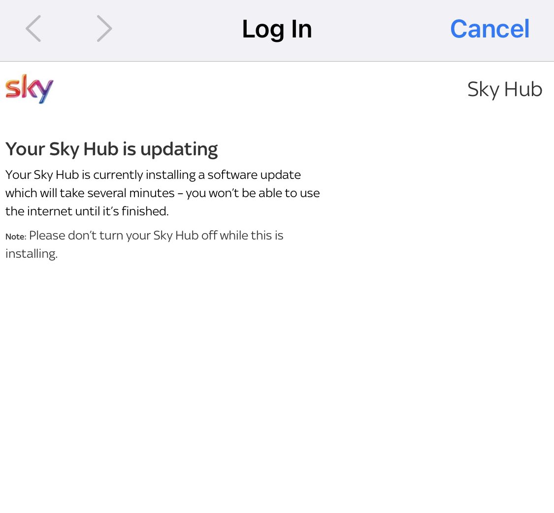 vsmith9618's tweet photo. @SkyHelpTeam it states several minutes but we are now approaching TWO hours 😡 (that we are aware of)   How long are we supposed to be without internet for? https://t.co/OksPV3a5y2