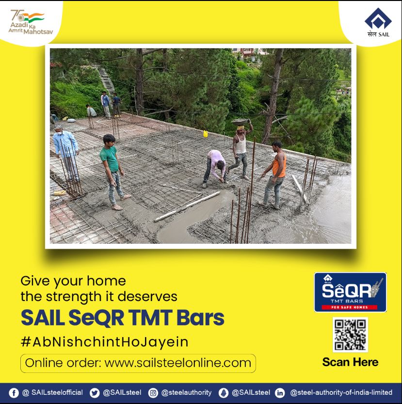 SAILsteel's tweet photo. Give your home the strength &amp; robustness of SAIL SeQR TMT bars that are super bendable &amp; dependable. Available @ https://t.co/oh759BYAZq #AbNishchintHoJayein #SAIL #SAILSeQR #SeQR #TMT #TMTbars #IspatiIrada #SteelAuthorityofIndiaLimited #SAILTransformingIndia #Steel #MakingIndia https://t.co/AxOClFCM6f