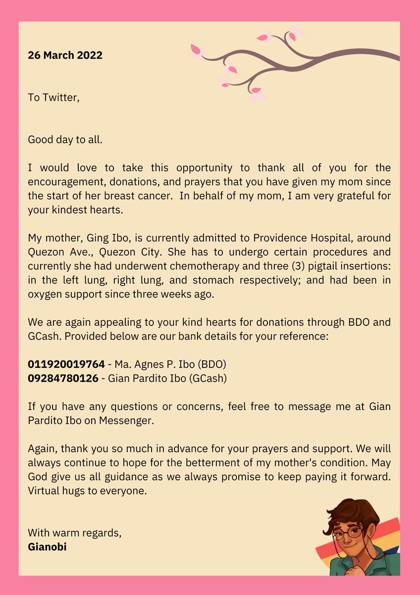 Hi Twitter. I am Gian Ibo and we are appealing to your kind hearts for donations for my mom, Ma. Agnes Ibo (Ging). She is at Stage 4 breast cancer and currently under chemosessions and several pigtail insertions. Thank you so much in advance. #donations #love #support 🙏💗